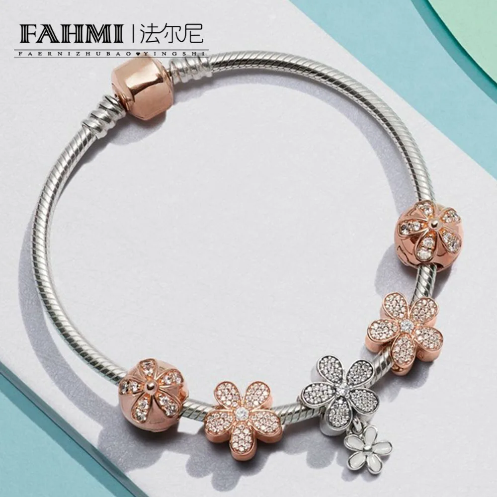 

FAHMI 100% 925 Sterling Silver 1:1 Dazzling Daisy Rose Gold Beaded Elegant Flower Bracelet Gift Fashion Set Free Shipping