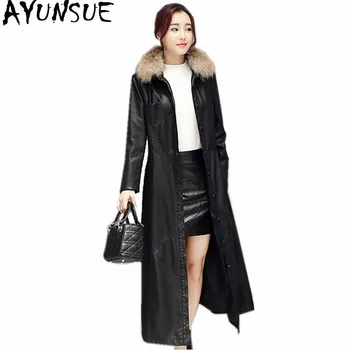 

AYUNSUE 2020 Women Faux Leather Jacket Fur Collar Slim Elegant Ladies Coats Women's Windbreaker Long Trench Coat Abrigos WXF189