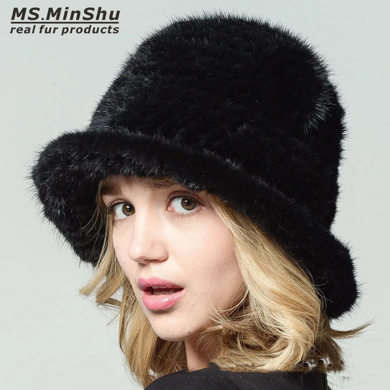 Ms. MinShu, шапка из натурального меха норки, ручная вязка, натуральный мех норки, зимняя теплая шапка, модная женская шапка, женская шапка