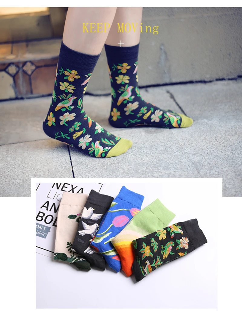 10x модные унисекс Мужские счастливые мужские носки птица цветок Смешные изделия из хлопка Деловые женские носки с лого команды носки оптом
