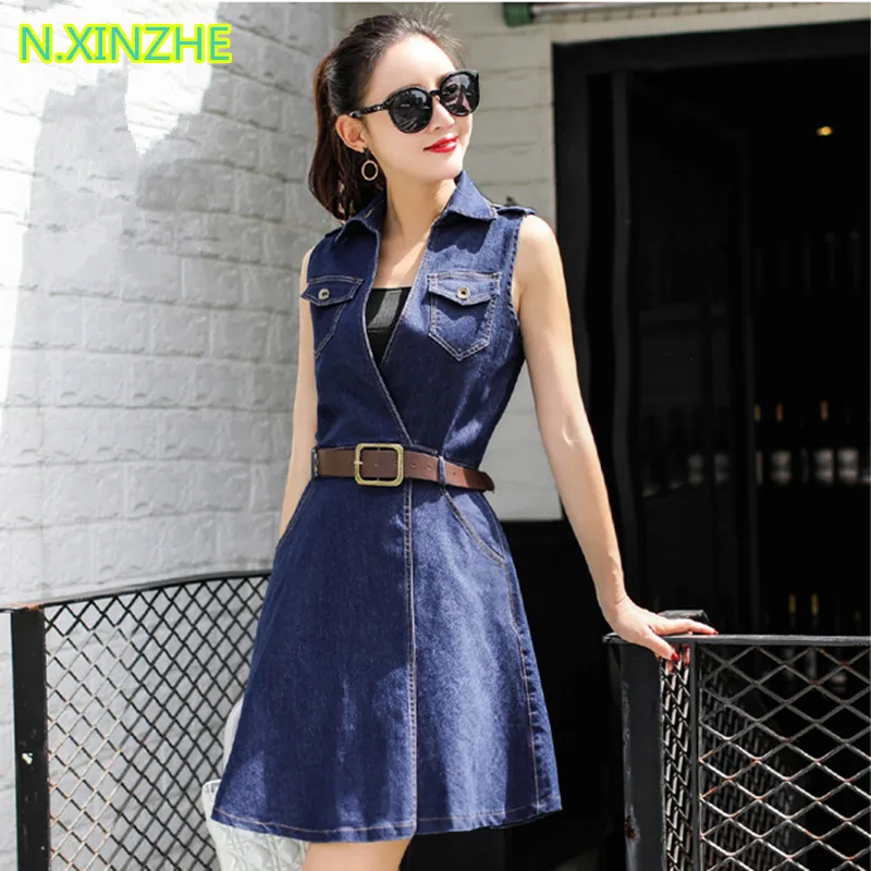 

2019 women plus-size clothing sleeveless solid washed denim dress Female casual fashion belt slim A-Line mini jean dresses D5680