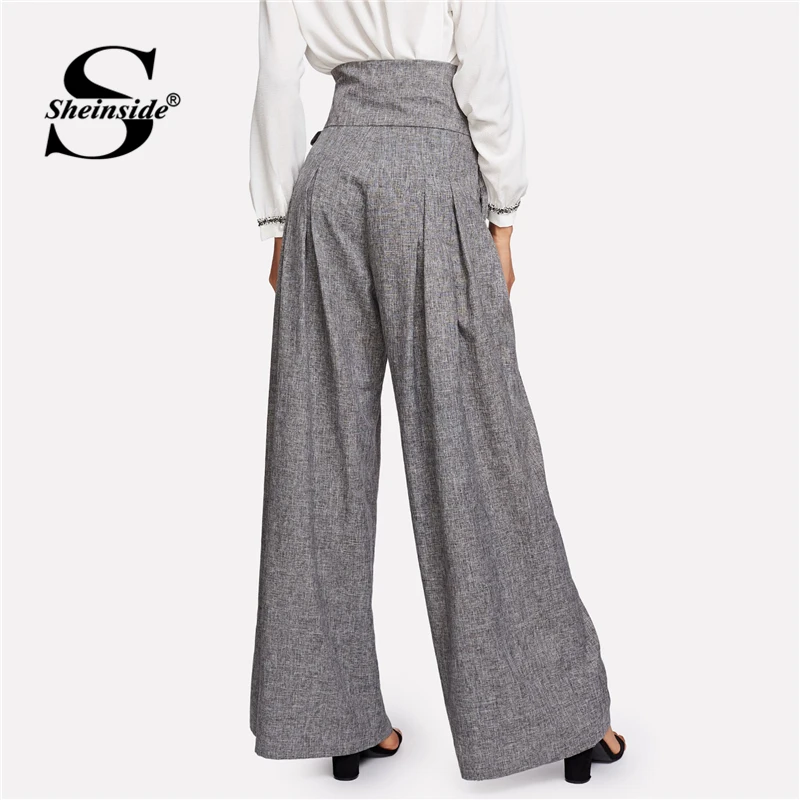 Skup Sheinside czarny z wszytym paskiem Box plisowane Palazzo długie spodnie kobiece luźne eleganckie spodnie robocze OL kobiet wysokiej talii spodnie szerokie nogawki