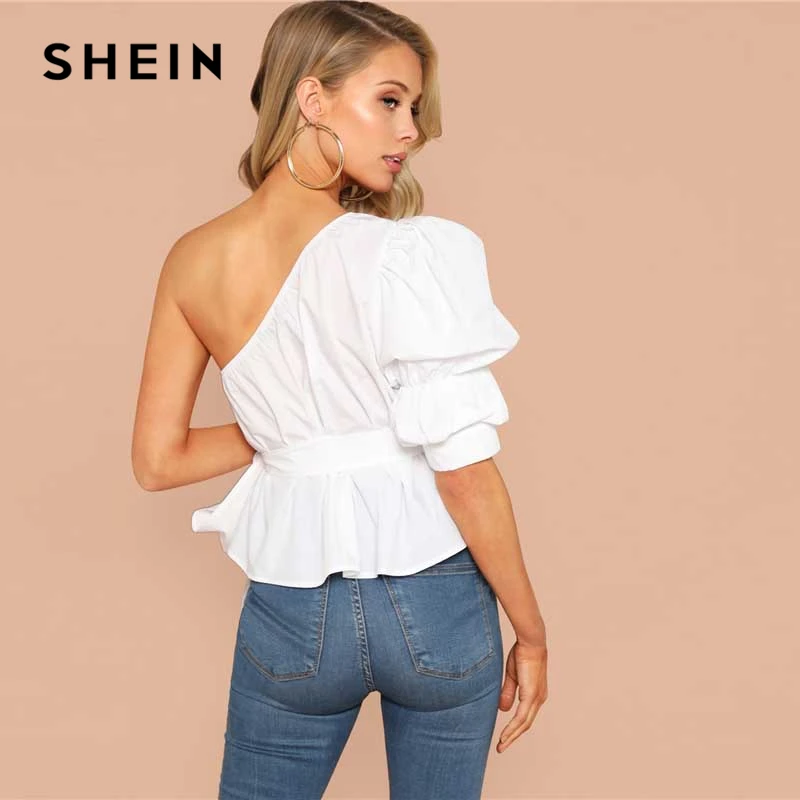 SHEIN مثير الأبيض واحد الكتف نفخة كم Peplum عقدة مربوط بلوزة المرأة الصيف 2019 الصلبة كشكش أنيقة حزب البلوزات
