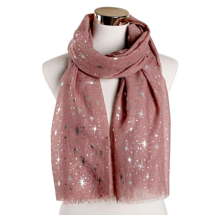 FOXMOTHER осенне-зимний розовый темно-синий шарф с звездным принтом женская лента из фольги хиджаб шарфы блестящая галактика Шаль Обертывание дамы - Цвет: Pink Sliver