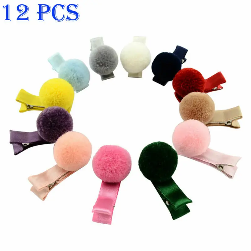 

12pcs Princess Hair Clip Accessories Kids Baby Girls Hairpins with Small Lovely Soft Fur Pompom Mini Ball Gripper Hairball