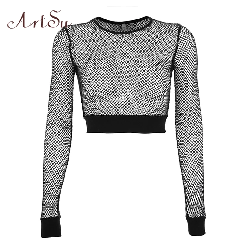 ArtSu Fall Mesh Top Sexy Clubwear Long Sleeve Hollow Out Crop Top Fishnet Black Womens Tee Shirts T-shirt Femme ASTS20498