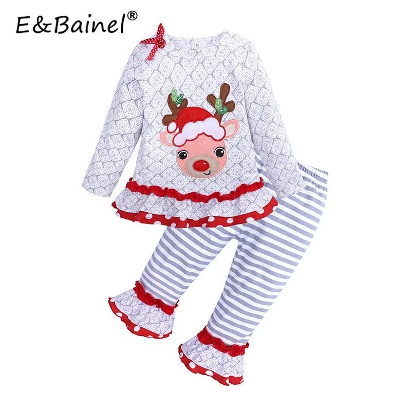 

E&Bainel Autumn Winter Baby Girl Christmas Clothing Set Children Clothes Deer Print Christmas Suit 2pcs Top+Pant For Girl Gift