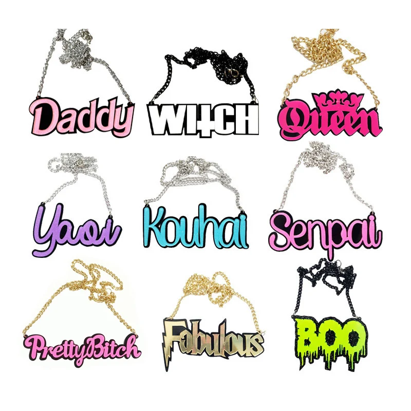 

Fashion Sexy Colorful Glitter Letter Acrylic Necklaces For Women Long Bitch Senpai Boo Doll Necklace Pendant Jewelry N18013