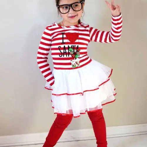 

Kids Girls Christmas Clothes Outfits Kid Baby Girl Long Sleeve Deer Lace Tutu Striped Dress Tops+Pants Outfits