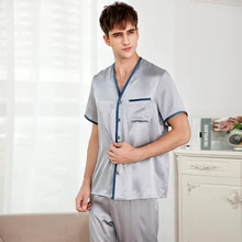 Шелковые мужские пижамы sets2019 весна осень короткий рукав мужская пижама брюки наборы Лето 2 xlсерый шелк пижама ночное белье