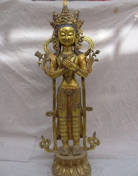 

USPS to USA S1317 29" Tibet Bronze Gild Buddhist Maitreya Stand Lotus Tara Goddess Kwan-Yin Statue