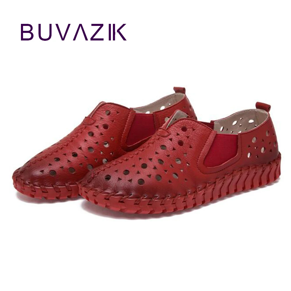 

Spring Summer 2018 leather comfortable women's shoes casual breathable hole woman flat slip on