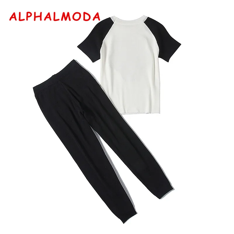 ALPHALMODA, летний женский свитер с коротким рукавом с блестками и изображением тигра+ штаны с брошью из кристаллов, 2 шт., модные костюмы, 3 цвета