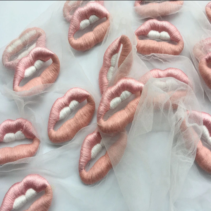 3pcs Pink Lip Embroidery Patches Net Mesh Fabric Lace Sewing On Jeans