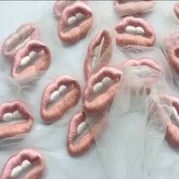 

3Pcs Pink Lip Embroidery Patches Net Mesh Fabric Lace Sewing On Jeans Clothes Clothing Applique Patch Accessories Patchwork Diy