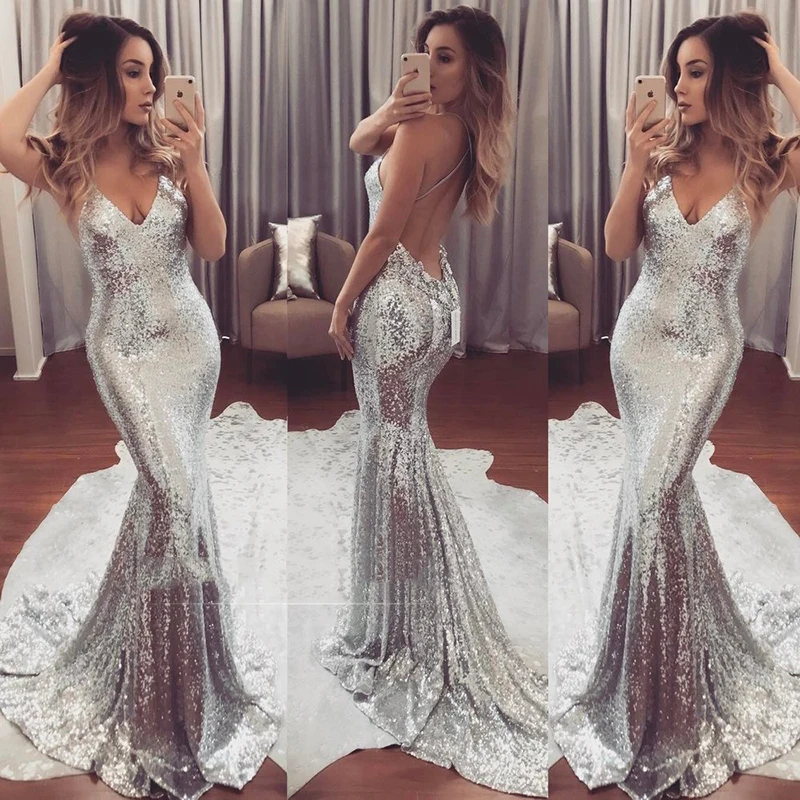 2019 Сексуальное Серебряное блестящее платье-спагетти с v-образным вырезом и блестками, кружевное платье для выпускного вечера с длинным