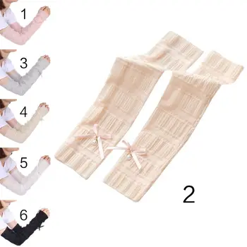 

Women Girls Ice Silk Pleated Ruched Half Finger Long Gloves Tiered Lace Sweet Solid Candy Color Bowknot Decor Arm Sleeves Protec