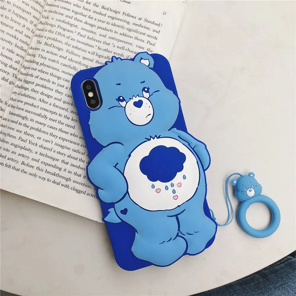 Чехол с медведями для IPhone XSmax XR XS X 8 8Plus 7 7Plus 6S 6 Rainbow bear, матовый Силиконовый мягкий чехол для телефона с кольцом на палец - Цвет: Blue