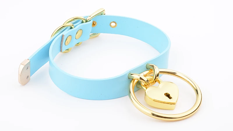 Punk Gothic Hand Crafted 100% Real Leather Choker 60mm O Round Gold Collar Kawaii Love Heart Necklace Women Lockable BDSM Choker 10