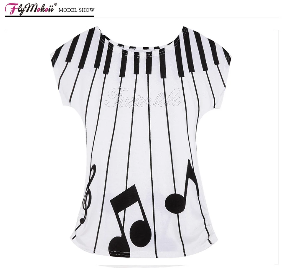 Flymokoii Фирменная Новинка, женская футболка с принтом, модная летняя хлопковая футболка с коротким рукавом и принтом пианино, свободные женские футболки, топы