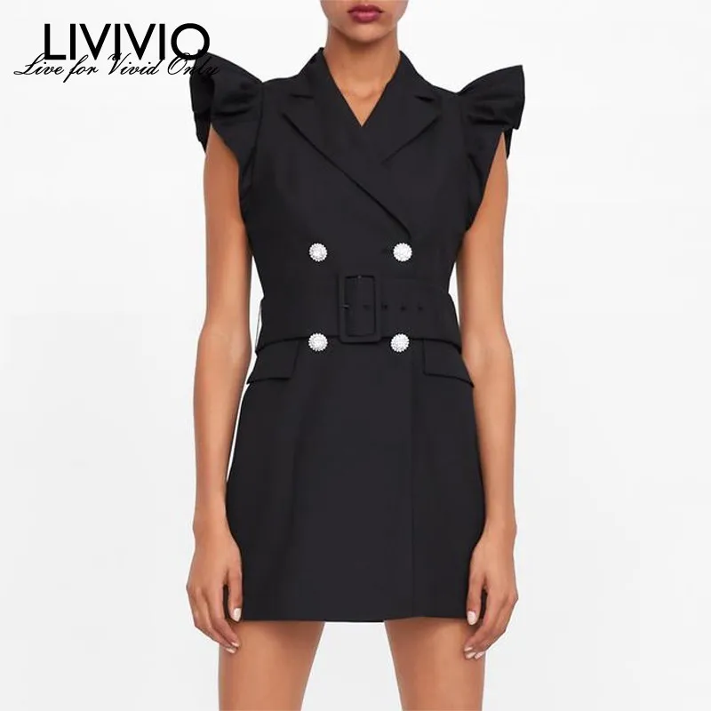 

[LIVIVIO] Ruffle Sleeveless Rhinstone Button Notched Black Mini Blazer Dress Women Belt Waisted Streetwear 2019 Summer Fashion