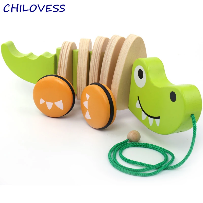 1pcs Wooden animal Pull car wheel toy crocodile alligator puzzle
