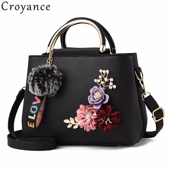 

Croyance Fashion Shoulder Bags Female PU Leather Handbag Fower Decor Fur Ball Messenger Bag Crossbody Elegant Women