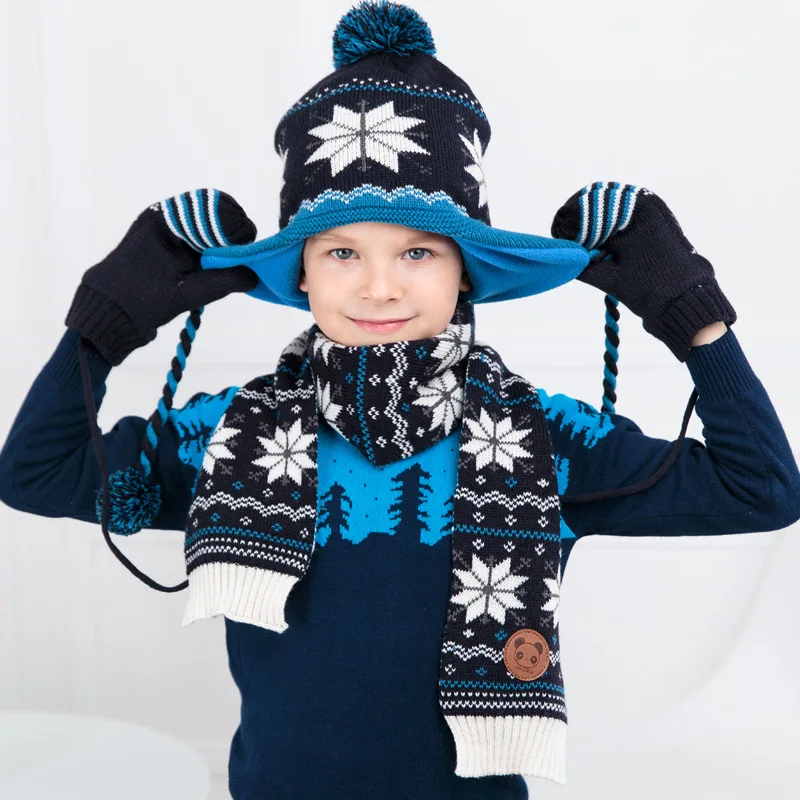 Детская шапка воротник перчатки три комплекта Женская зимняя обувь шапки и шарфа комплект защита ушей из толстого плюша и теплая шерстяная куртка с шерстяными помпонами шапки бини шапки 1-10years