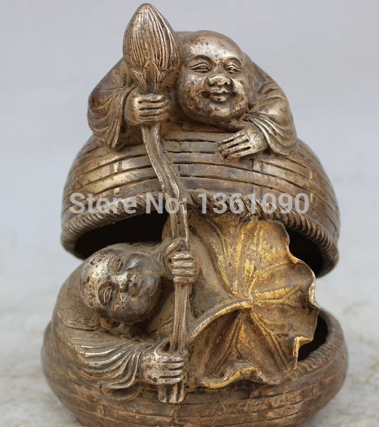 

xd 00922 Old Chinese Bronze Wo Hop Erxian 2 God Lotus Leaf Statue Incense Burner Censer