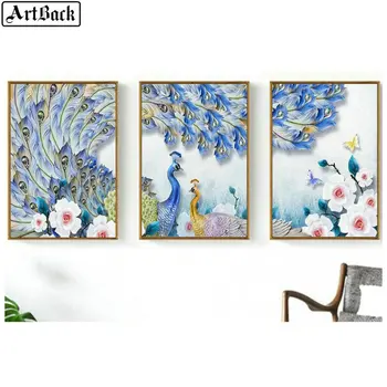 

5d diamond painting triptych peacock flower pattern full square mosaic 3D diamond embroidery peacock living room decoration 3pcs