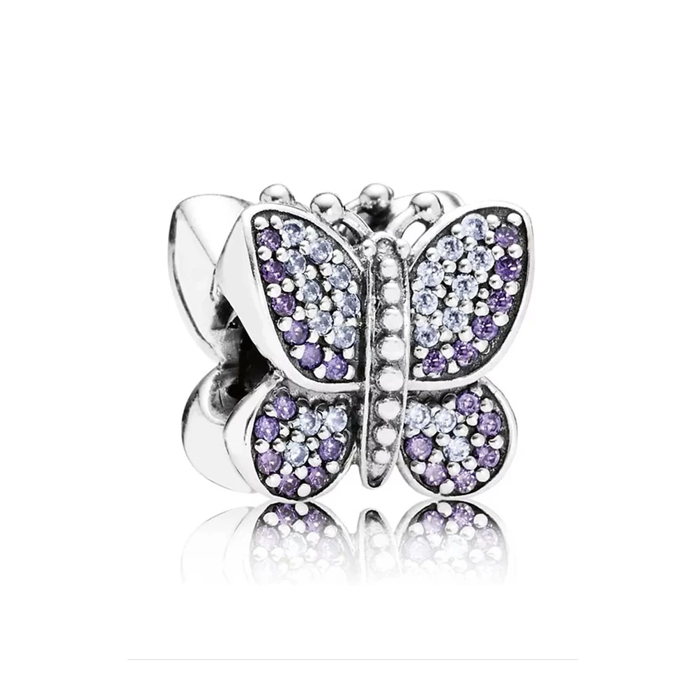 

NEW 100% 925 Sterling Silver Sparkling Butterfly Charm Purple CZ Bead Fits Original Bracelets DIY Jewelry For Mother Gift