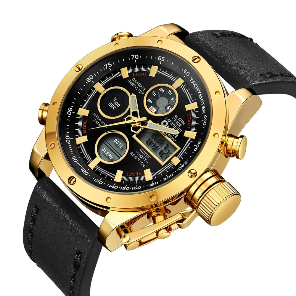 

Oulm Watch Mens Watches Top Brand luxury Double Display Sport Waterpoor Leather Strap Gold Male Wristwatch Relogio Masculino