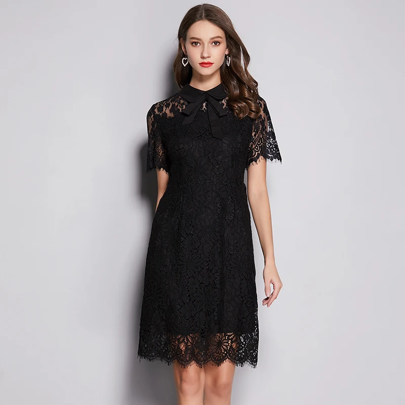 

2019 fashion design bow lace summer dresses plus size floral lace short sleeves women sexy black dress