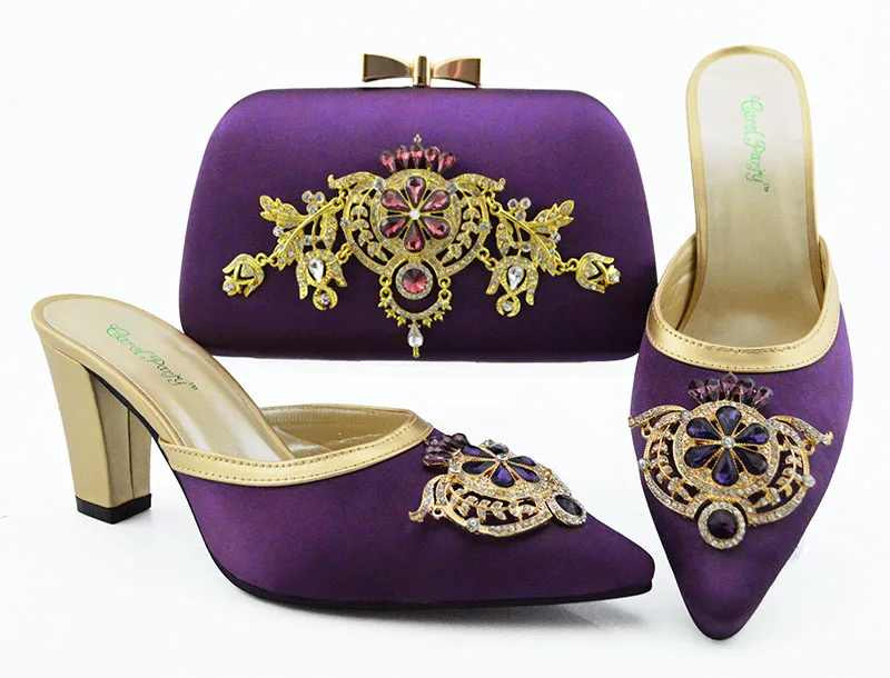 

Italian Shoes with Matching Bags Purple Women Wedding Shoes and Bag Set Decorated with Rhinestone Party Shoe Bag Set