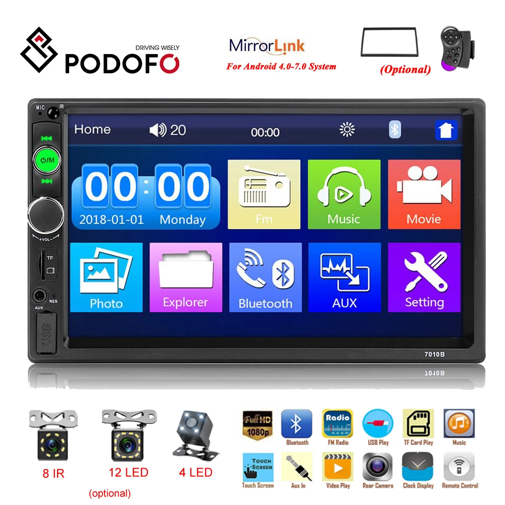 

Podofo 2 Car Radio Player Mirror Link autoradio 2 din General Car Models 7'' Touch Screen Bluetooth auto stereo Rear View Camera