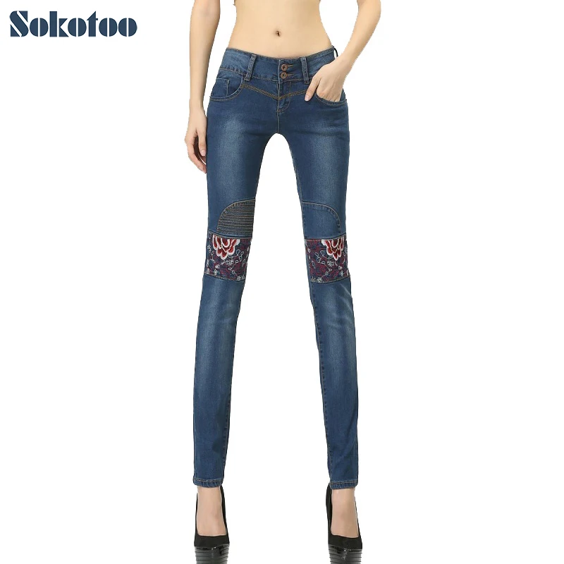 Sokotoo Для женщин в этническом стиле вышитые узкие джинсы леди эластичного денима узкие брюки длинные брюки
