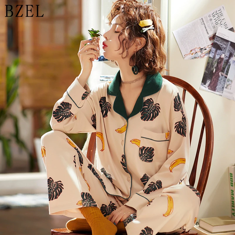 

BZEL Womens Pajamas Sets Round Neck Cartoon Kawaii Totoro Sleepwear Cotton Nighty Female Casual Pijama Femme Underwear Lingerie