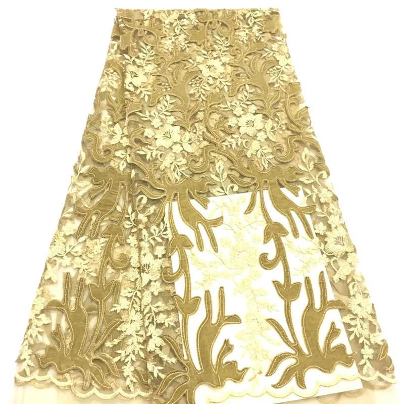 

French Lace Fabrics 2019 New design Embroidery African Gold Laces Fabric For Women Hot Sale Nigerian Mesh Lace FabricHX1568-1