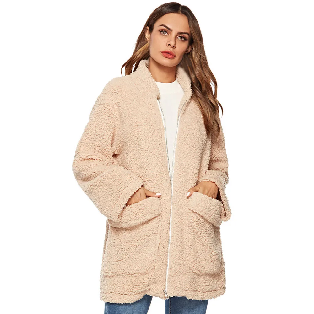 KLV 1PC Womens Polyester Long Sleeve Ladies Warm Faux Fur Coat Winter