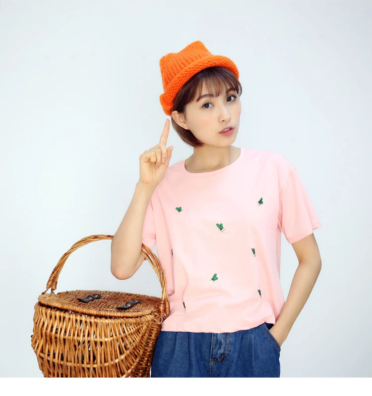 Женская футболка в Корейском стиле Kawaii маленькая с вышивкой кактуса Harajuku милые