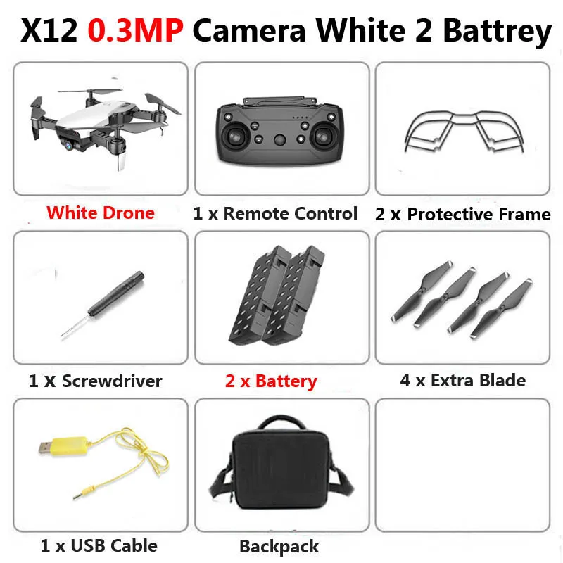 X12 WiFi FPV Mini Foldable Drone Camera 0.3MP 2MP HD Optical Flow Aerial Video Profissional RC Quadcopter Helicopter Toys SG106 - Цвет: 0.3MP White 2B Bag