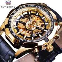 Forsining Brand Watch Men Skeleton Automatic Mechanical Watches Golden Skeleton Leather Wristwatch Top Brand Luxury Montre Homme forsining skeleton watch men automatic self wind mechanical watches leather bracelet transparent dial montre homme automatique
