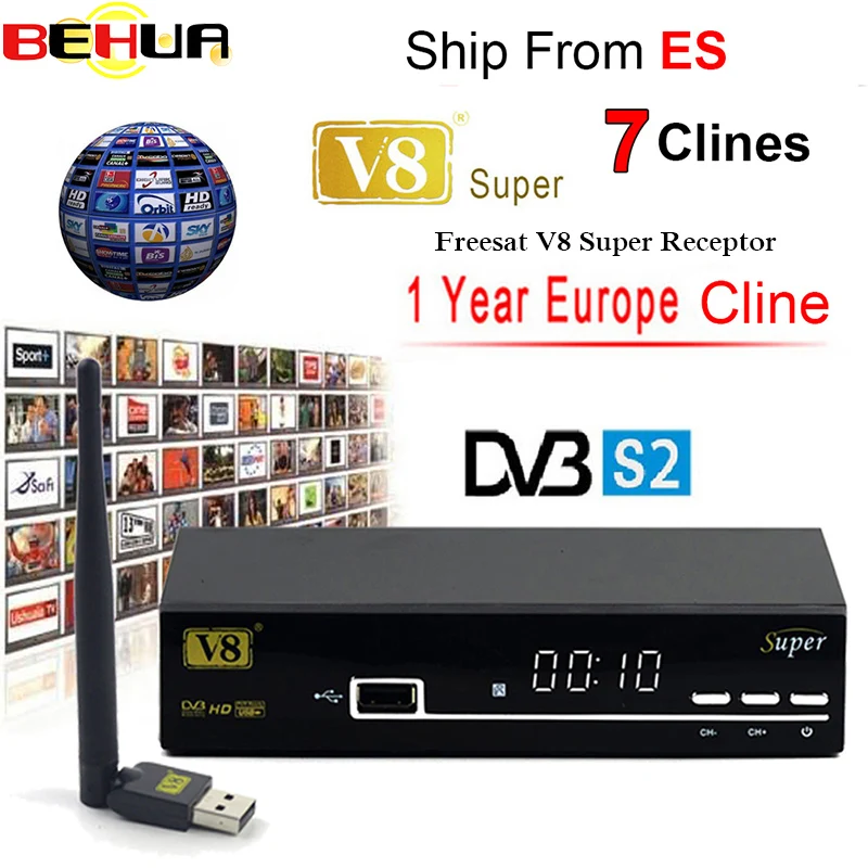 FREESAT V8 супер рецептор DVB-S2 HD FTA спутниковый ТВ ресивер с 1 год Европа 7 Clines+ USB wifi 1080P lnb Португалия польский ТВ