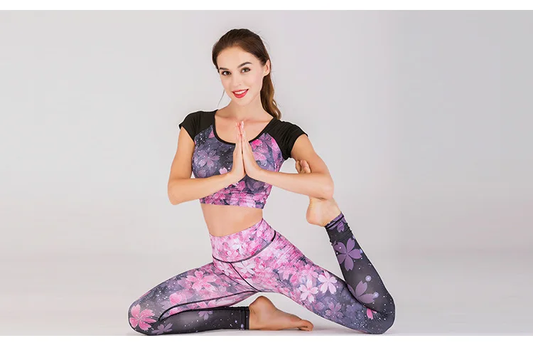 Спортивный костюм для женщин Йога набор цветочный принт Йога футболка+ длинные брюки спортивный костюм для женщин костюм для фитнеса спортивная одежда спортивный костюм