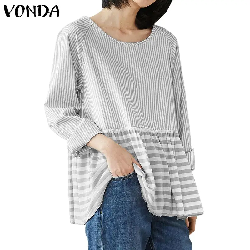 

VONDA Women Vintage Striped Blouse Casual Loose O-Neck Long Sleeve Shirts Loose Tops 2019 Autumn Spring Blusas Plus Size S-5XL