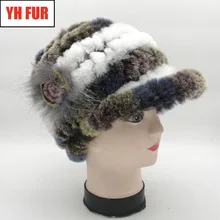 Новинка, Женский Настоящий мех кролика, шапка, зимние меховые шляпки кролика Рекс, вязанные, хит, натуральный мех кролика Рекс, шапки