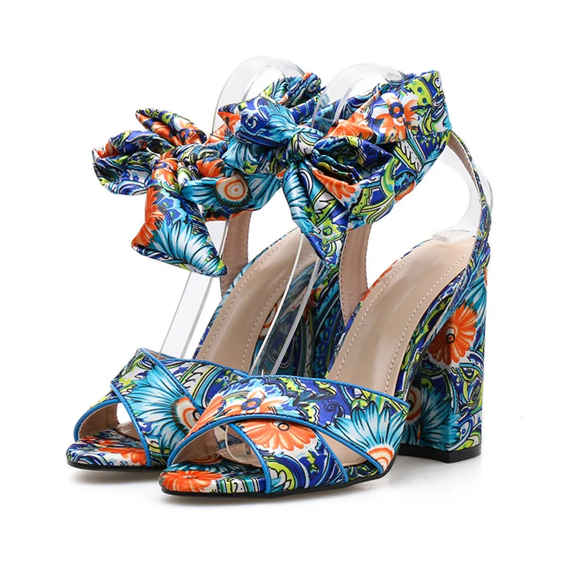 

2019 Women Summer Fetish 10.5cm High Heels Chunky Sandals Lady Strap Flower Print Pumps Female Blue Block Heels Red Shoes YQS-2