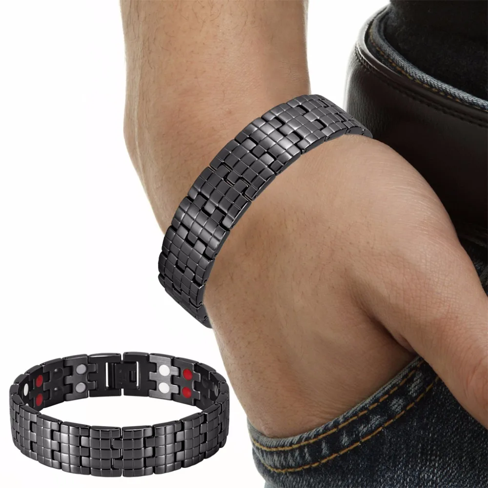 Rainso Stainless Steel Bracelet For Men Double Row 4 Elements Energy Power Magnetic Bracelet Black Polished
