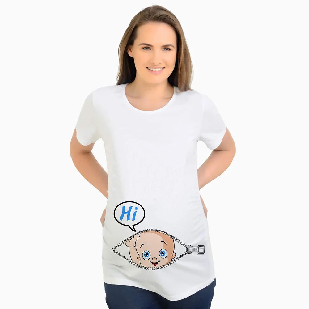 Funny maternity t shirts with baby say hi print summer tops tees white