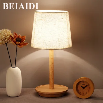 

BEIAIDI E27 Nordic Brief Wooden Table Lamp Bedroom Bedside Table Lamp With Linen lampshade Indoor Study Reading Lighting Fixture